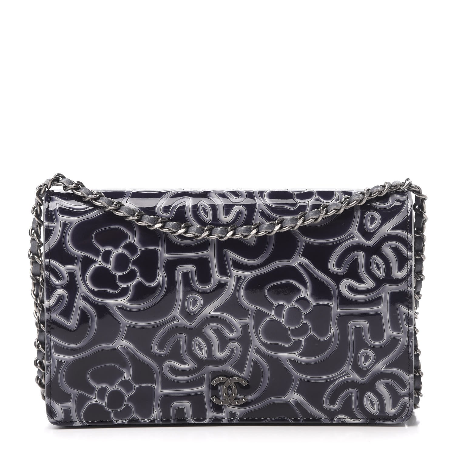 Chanel Patent Camellia Embossed Wallet on Chain WOC Dark Blue 1 of 14