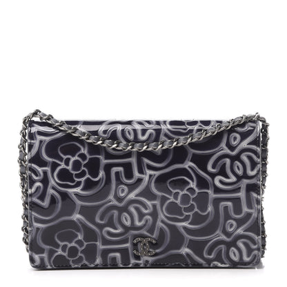 Chanel Patent Camellia Embossed Wallet on Chain WOC Dark Blue 1 of 14