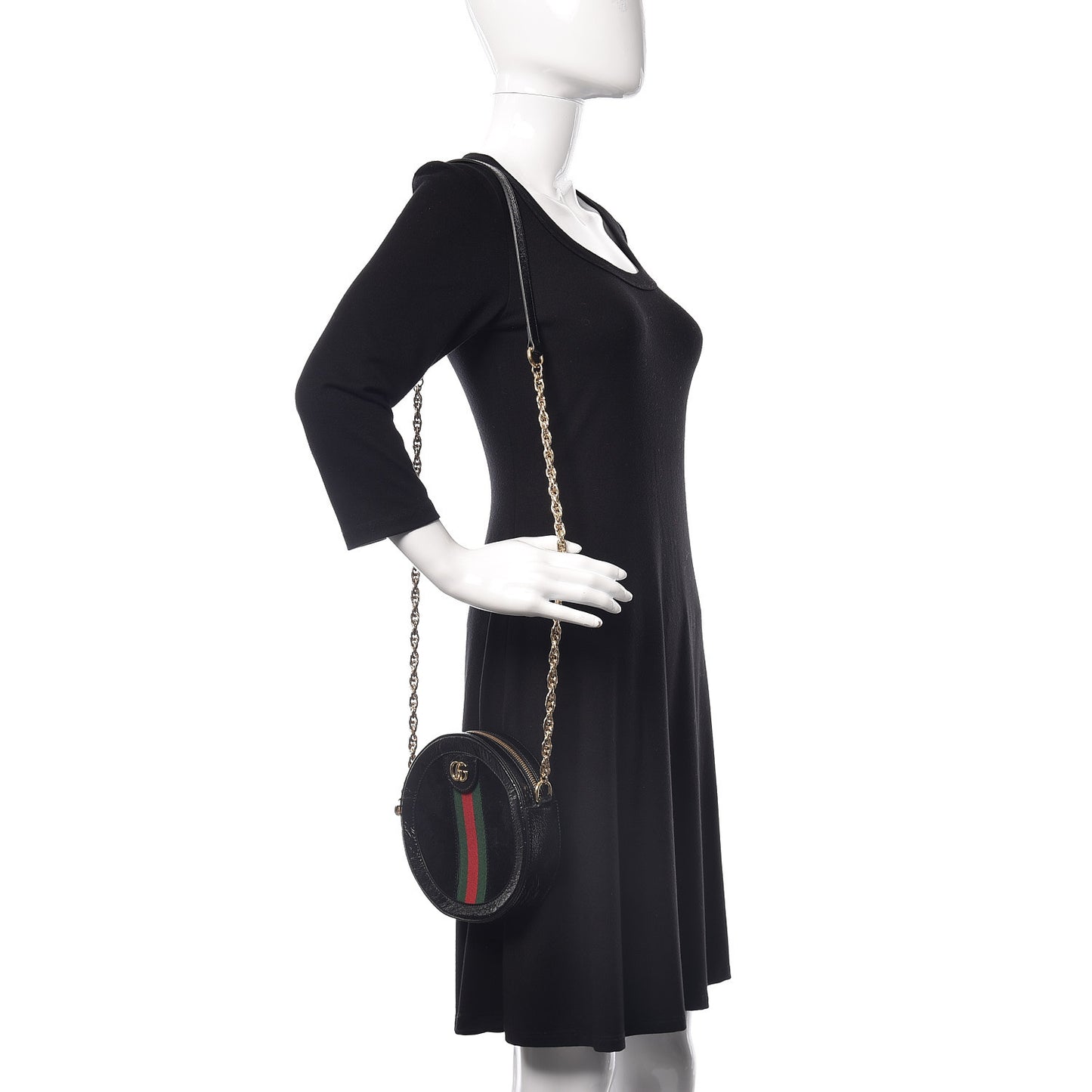 Suede Patent Web Mini Ophidia Round Shoulder Bag Black