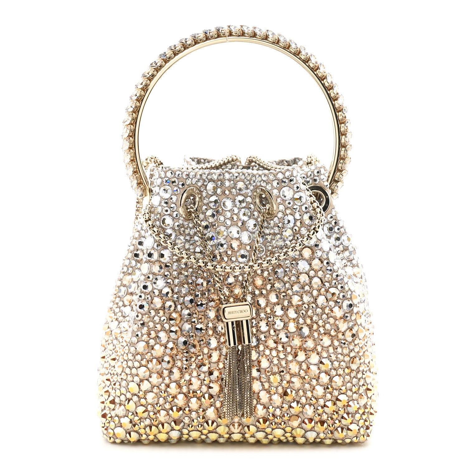 Jimmy Choo Satin Hotfix Crystal Embellished Bon Bon Bucket Bag Gold Silver 1 of 9
