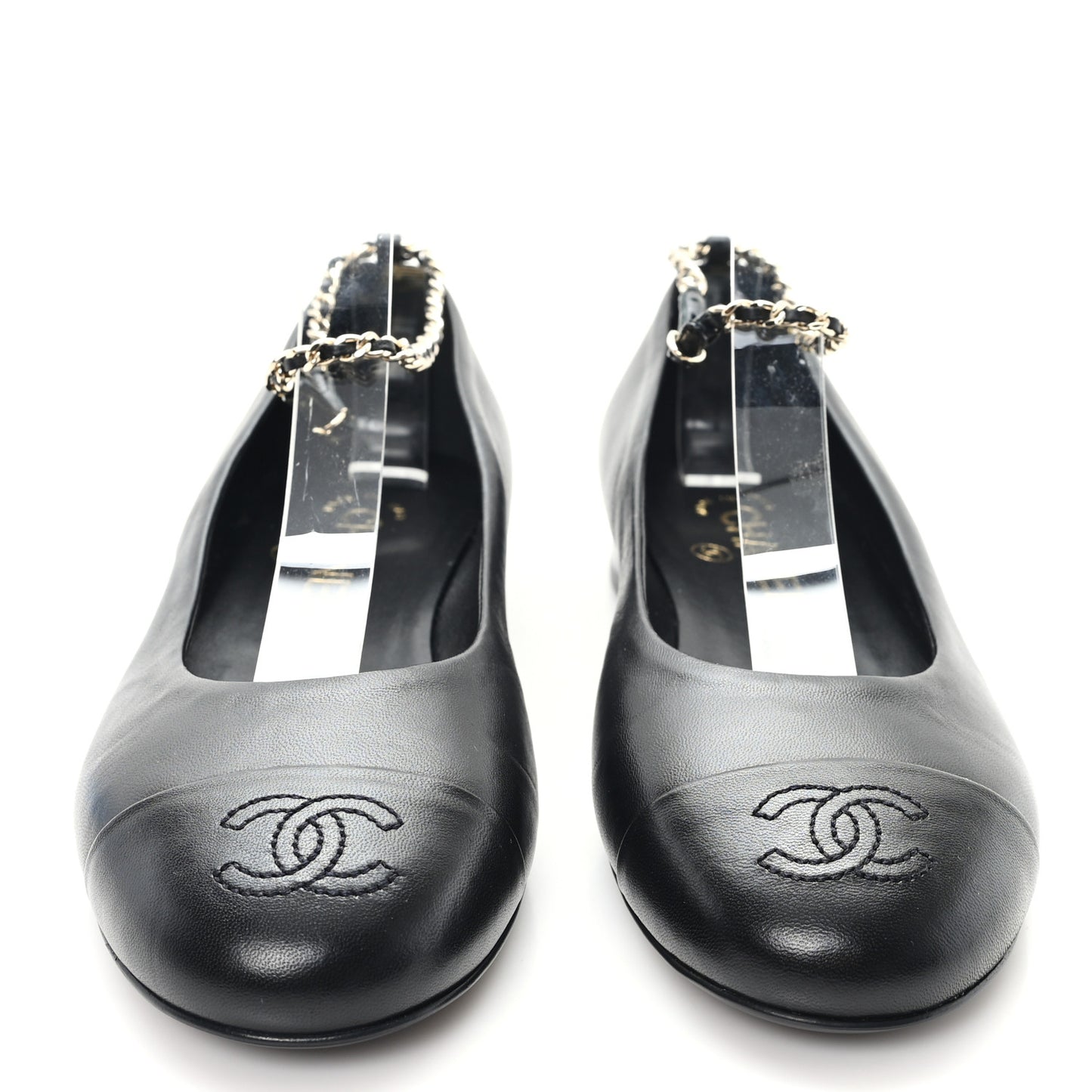 Lambskin Cap Toe CC Ankle Chain Ballerina Flats 36.5 Black