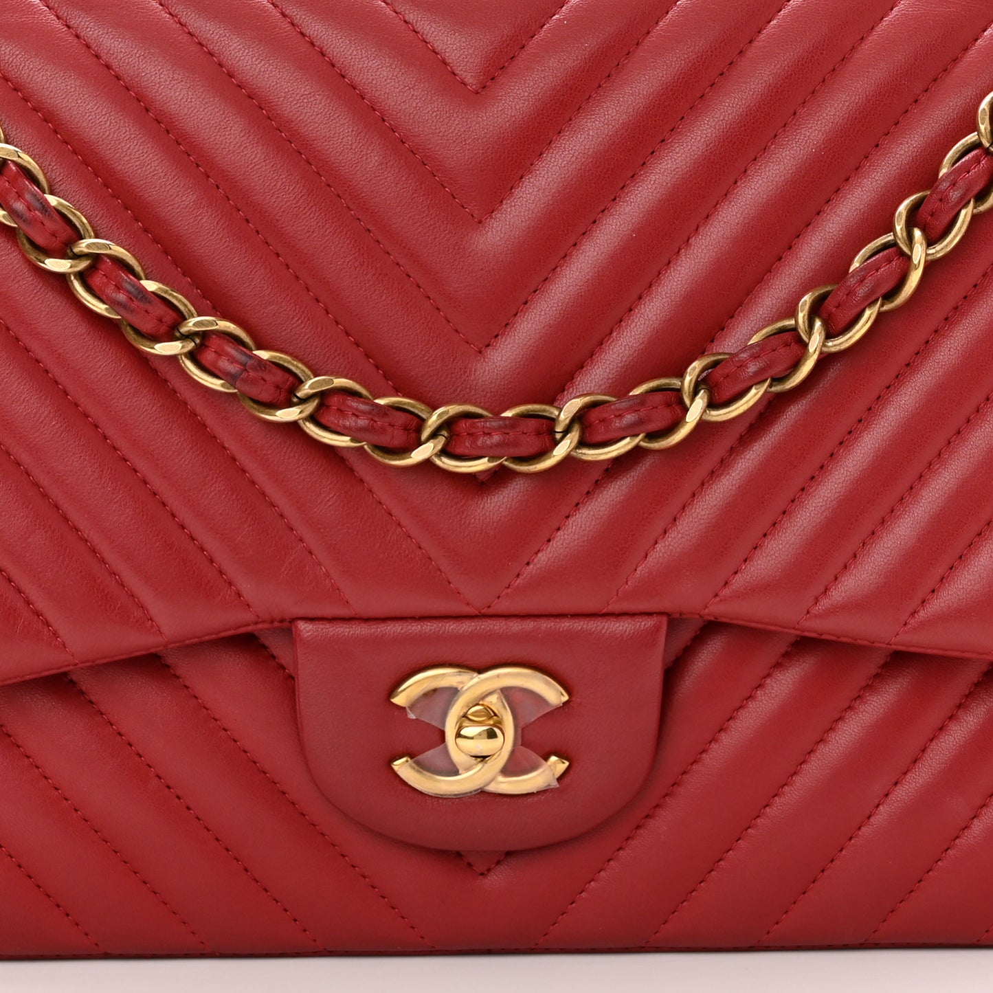 Lambskin Chevron Quilted Jumbo Double Flap Dark Red