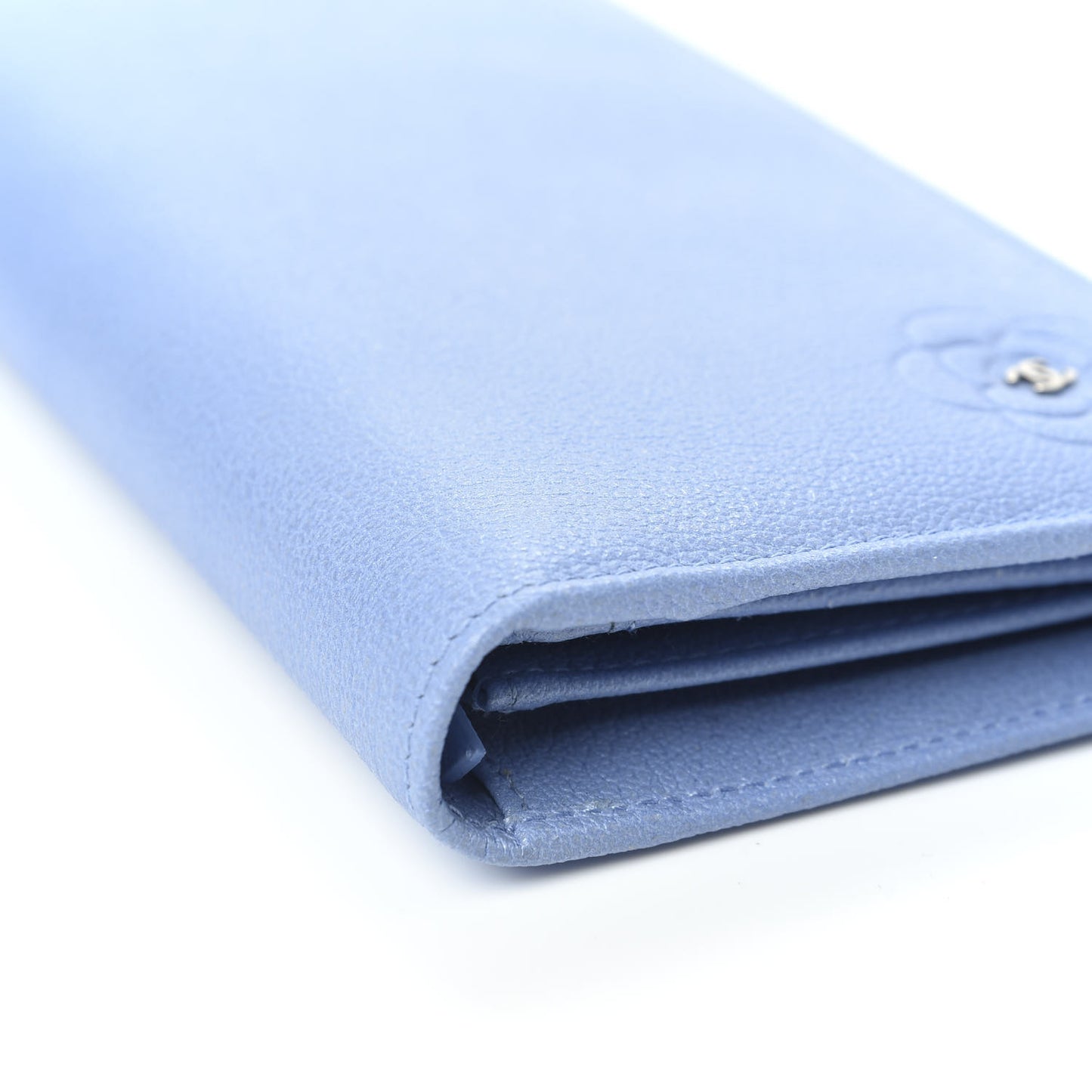 Goatskin Camellia Embossed Yen Wallet Blue