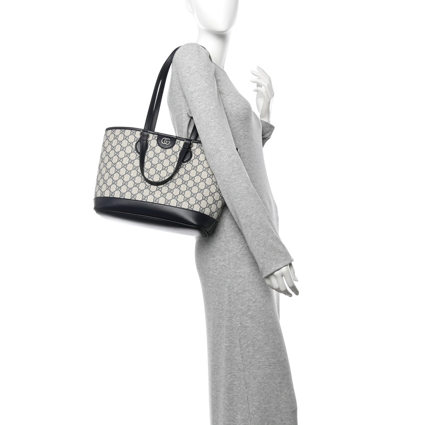 GG Supreme Monogram Textured Dollar Calfskin Medium Ophidia Shoulder Tote Bag Beige Blue