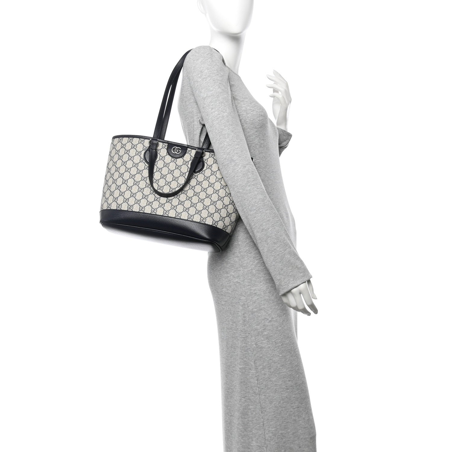 Gucci GG Supreme Monogram Textured Dollar Calfskin Medium Ophidia Shoulder Tote Bag Beige Blue 2 of 11