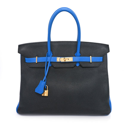 Hermes Taurillon Clemence Bi-Color Horseshoe Birkin 35 Black Bleu Hydra 1 of 10