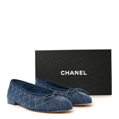 Chanel Washed Denim Quilted Cap Toe CC Ballerina Flats 37.5 Blue 10 of 10
