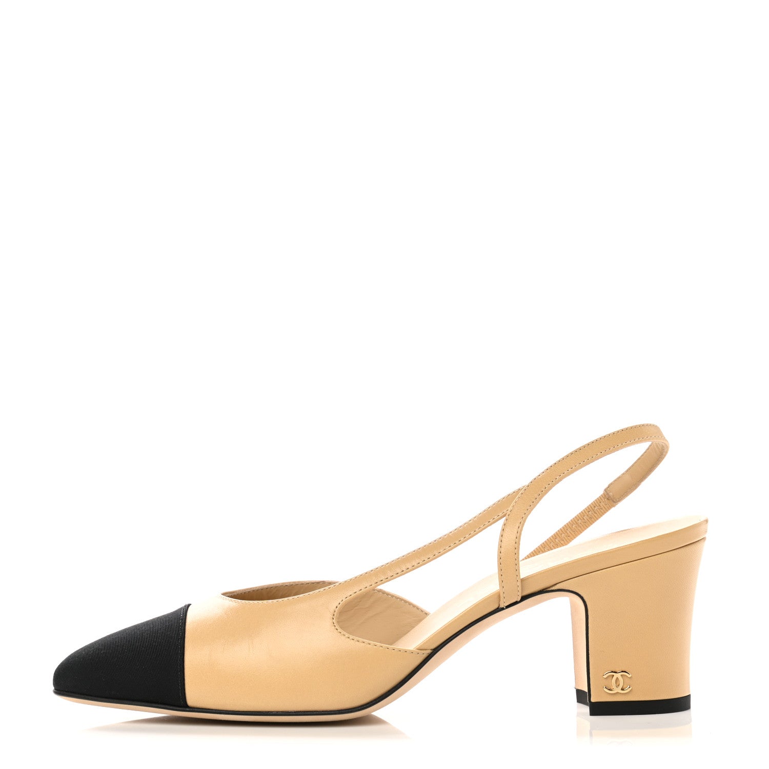 Chanel Goatskin Grosgrain Cap Toe CC Slingback Pumps 38.5 Beige Black 1 of 9