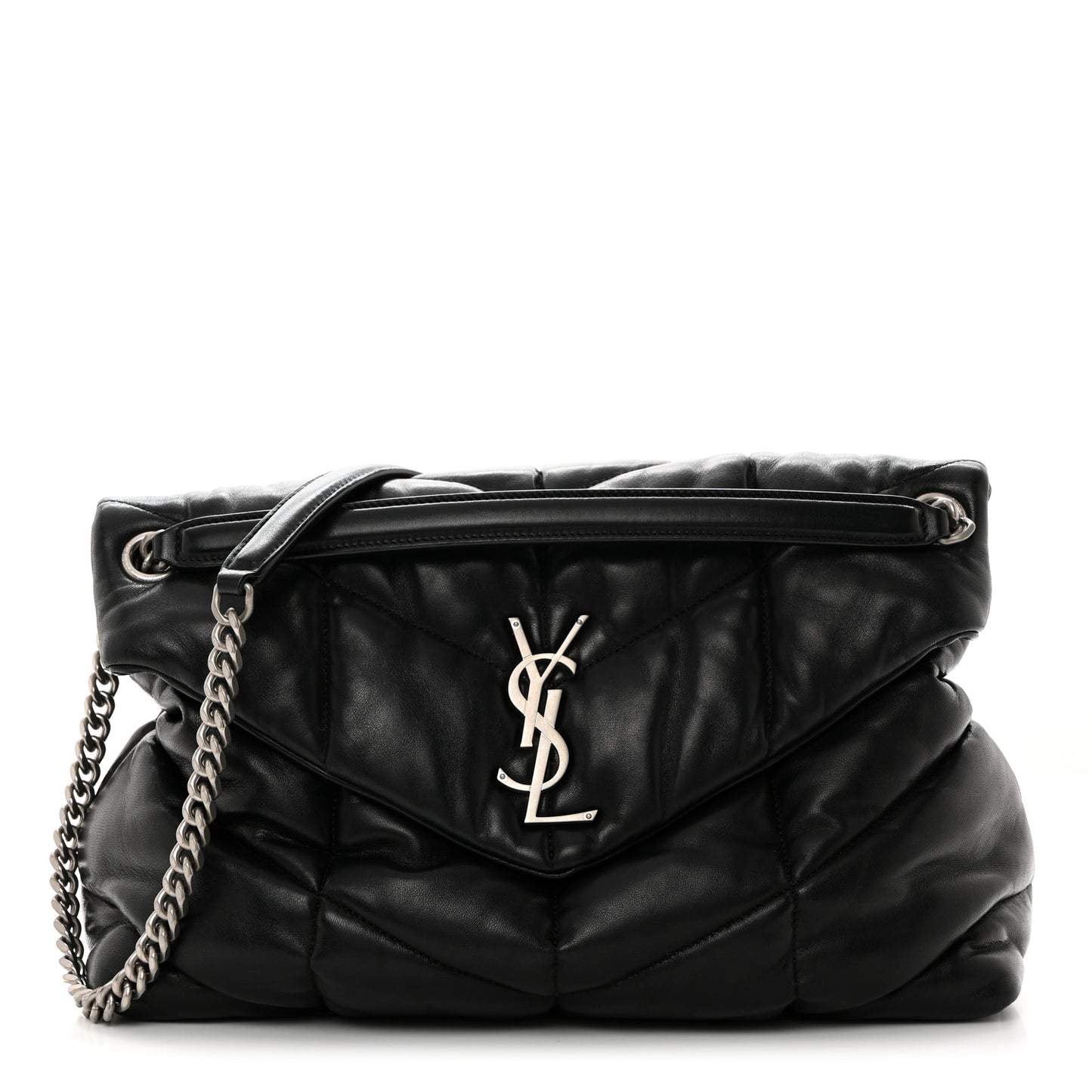 Lambskin Quilted Medium Loulou Puffer Monogram Chain Satchel Black