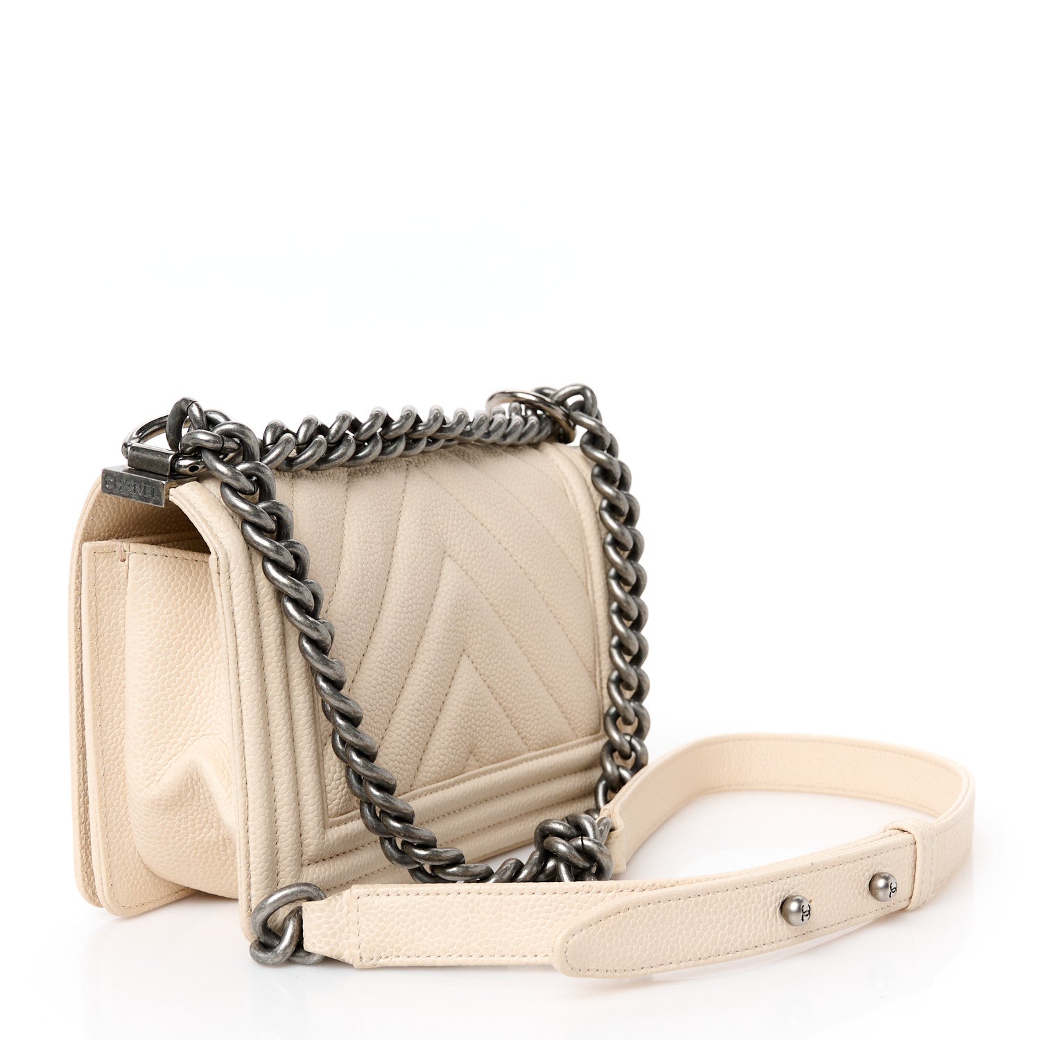 Chanel Caviar Chevron Quilted Small Boy Flap Light Beige 3 of 10
