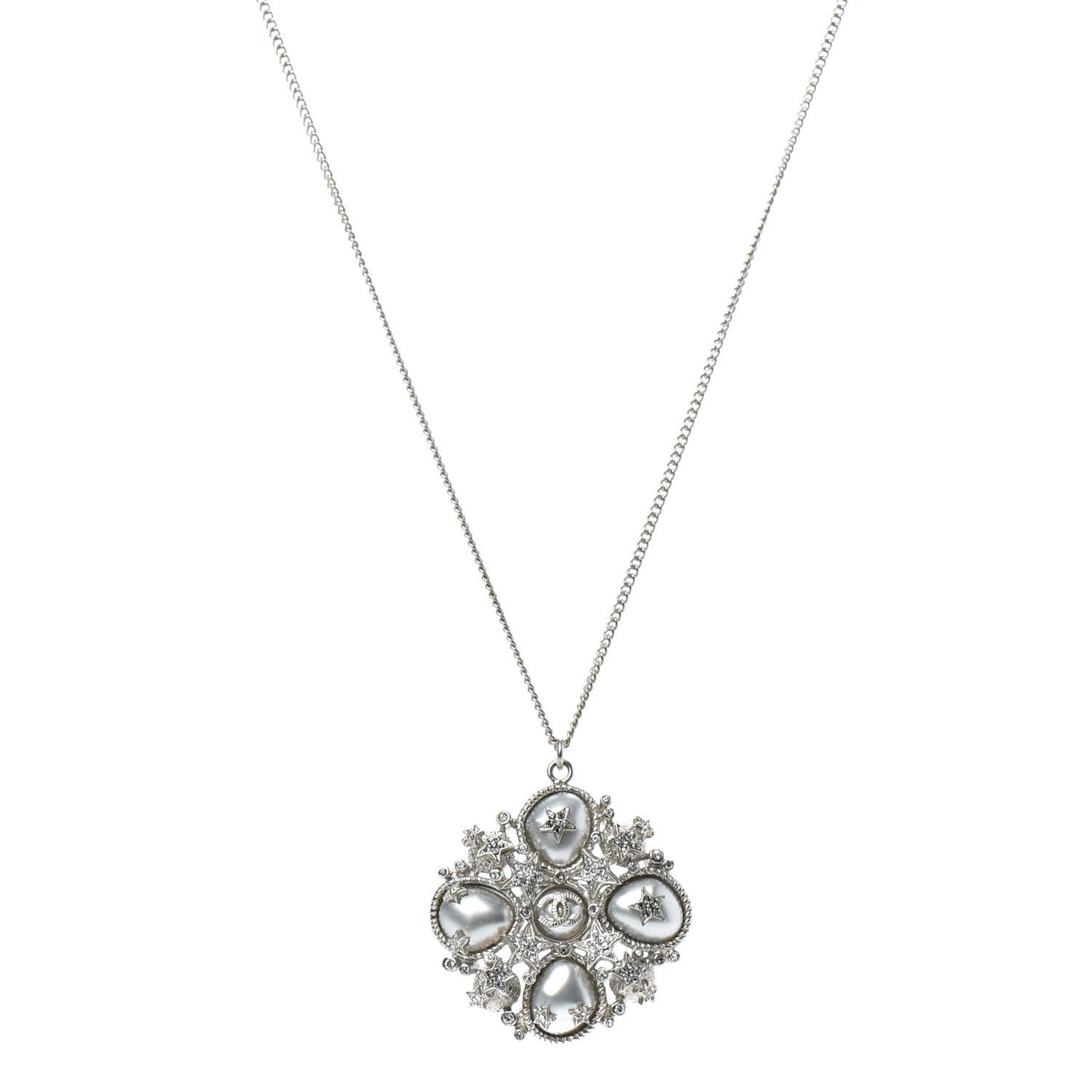 Crystal Pearl Stars CC Pendant Necklace Silver
