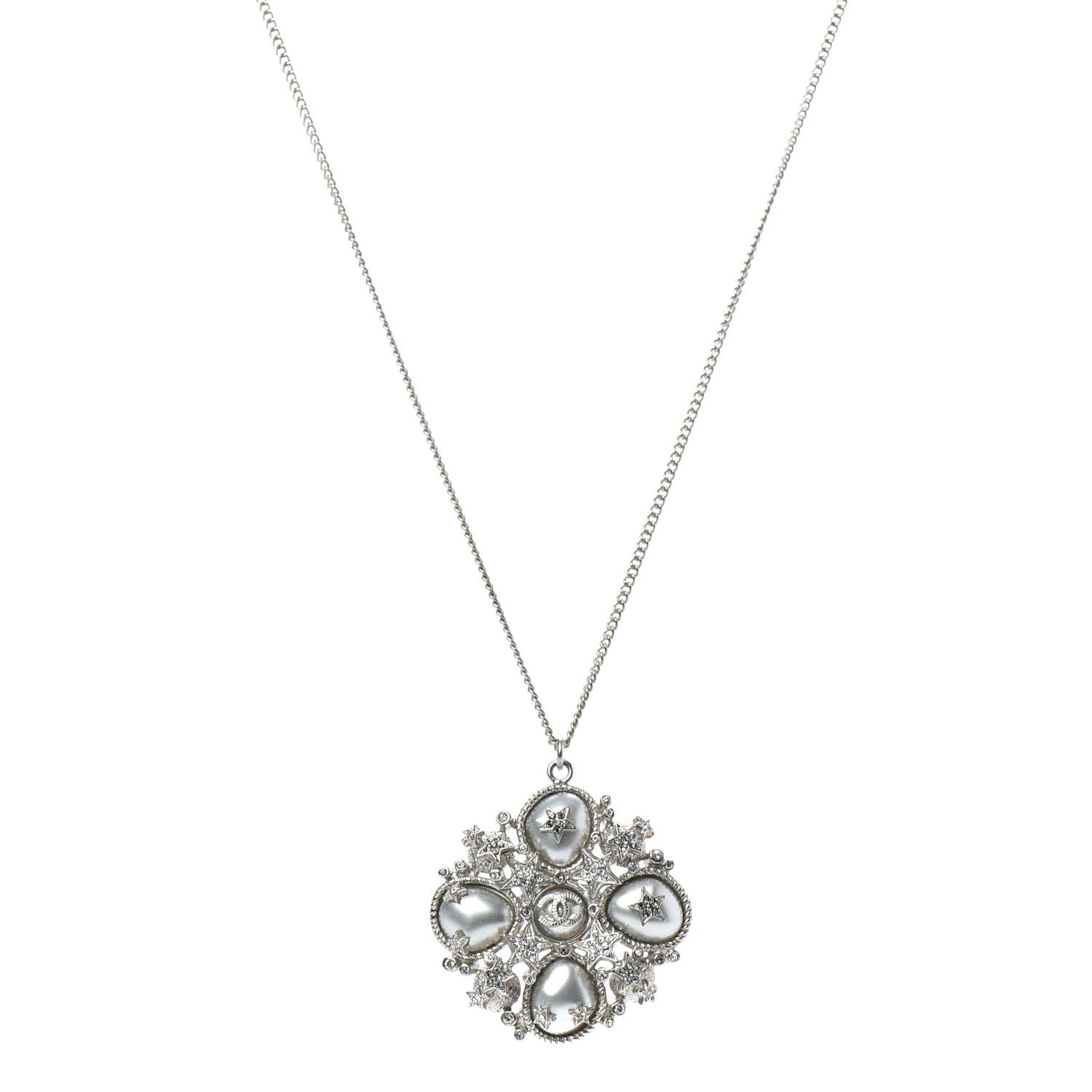 Chanel Crystal Pearl Stars CC Pendant Necklace Silver 1 of 5