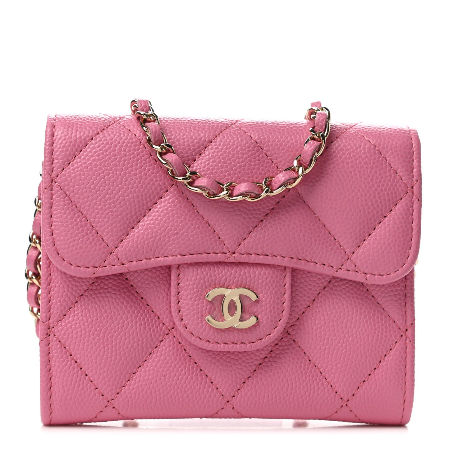 Caviar Quilted Flap Card Holder On Chain Pink