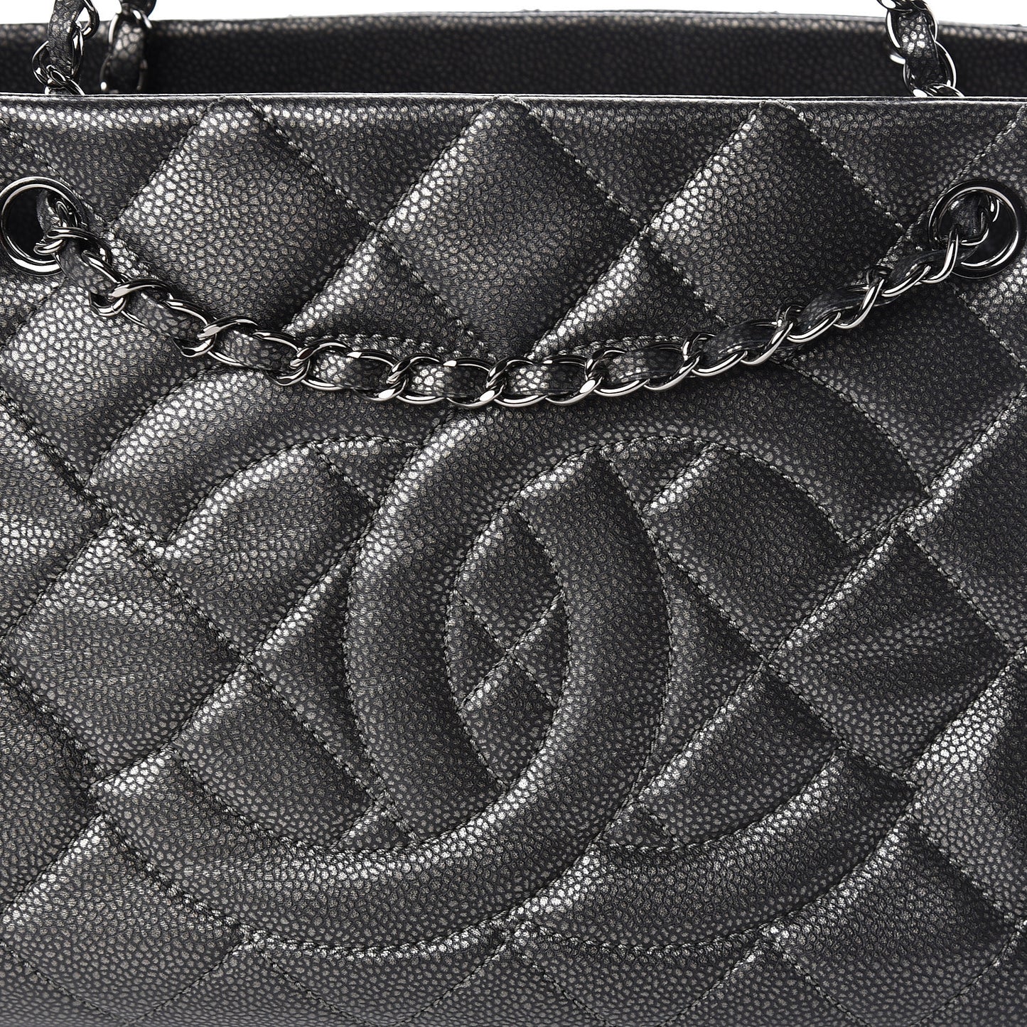 Metallic Caviar Quilted CC Tote Dark Silver