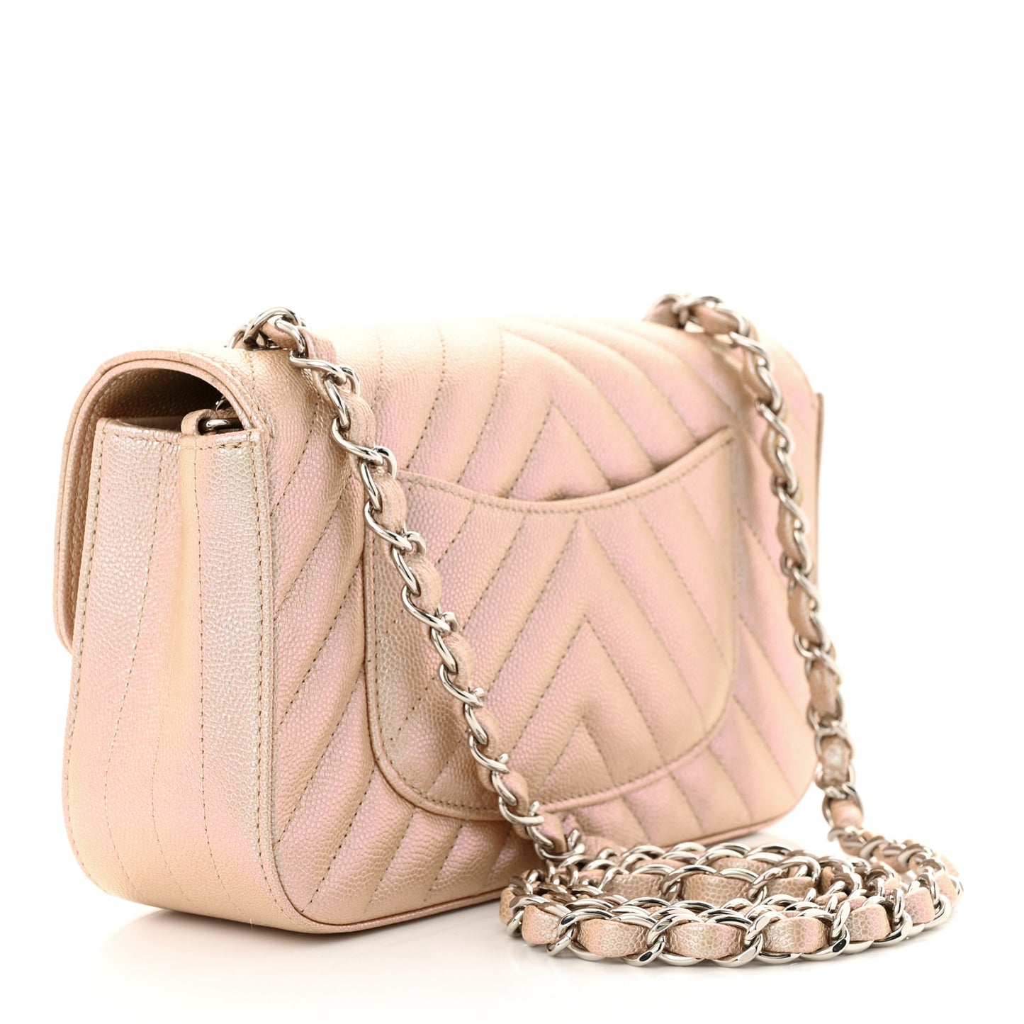 Iridescent Caviar Chevron Quilted Mini Rectangular Flap Light Gold