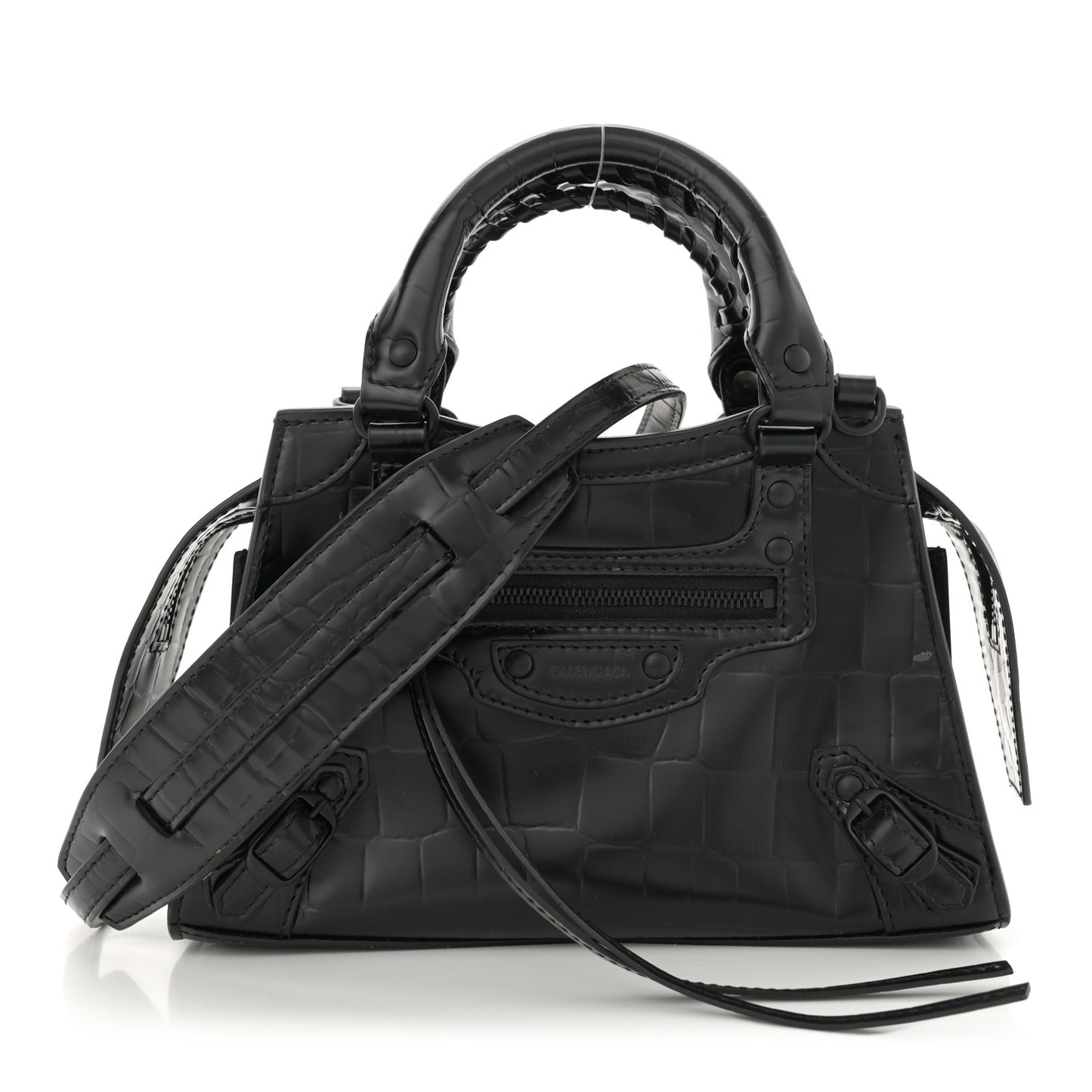 Semi Shiny Calfskin Crocodile Embossed Neo Classic Black Hardware Mini City Black