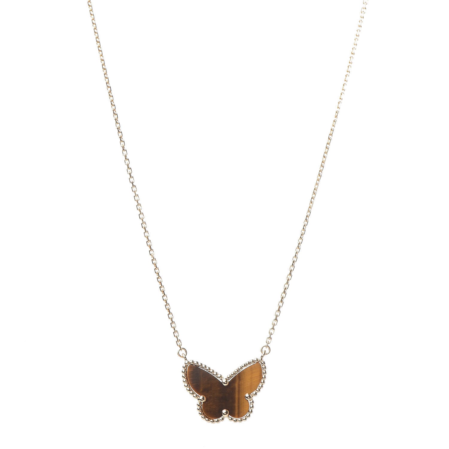 Van Cleef & Arpels 18K Yellow Gold Tiger Eye Lucky Alhambra Butterfly Pendant Necklace 1 of 8