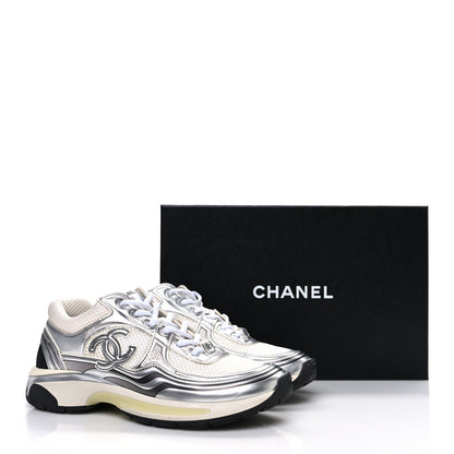 Chanel Fabric Laminated Calfskin Stretch CC Womens Sneakers 40 White Silver 11 of 11