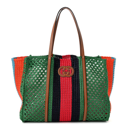 Gucci Raffia Web Woven Medium Interlocking G Tote Green 1 of 10