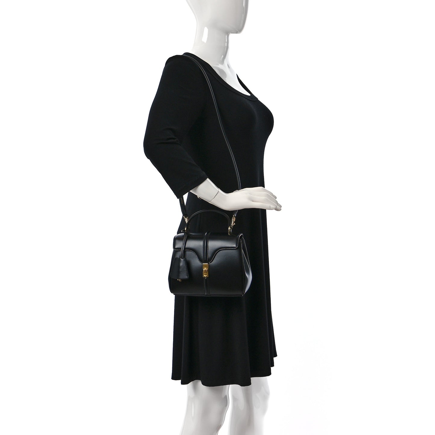 Satinated Calfskin Mini 16 Top Handle Bag Black