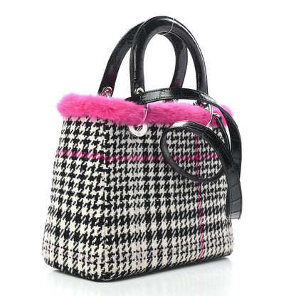Christian Dior Tweed Crocodile Mink Plaid Medium Lady Dior Black Pink White 3 of 9