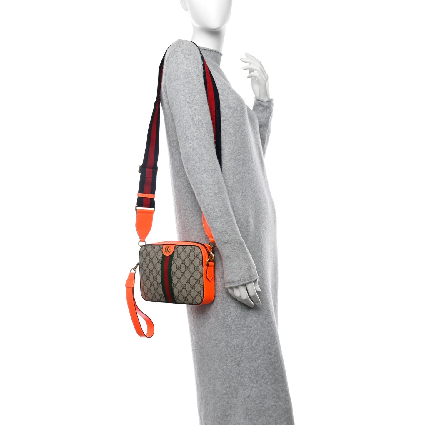 GG Supreme Monogram Textured Dollar Calfskin Web Ophidia Wristlet Shoulder Bag Beige Ebony Orange