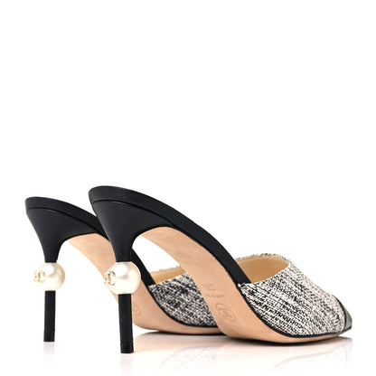 Chanel Tweed Goatskin Pearl Mules 36.5 Black White 4 of 8