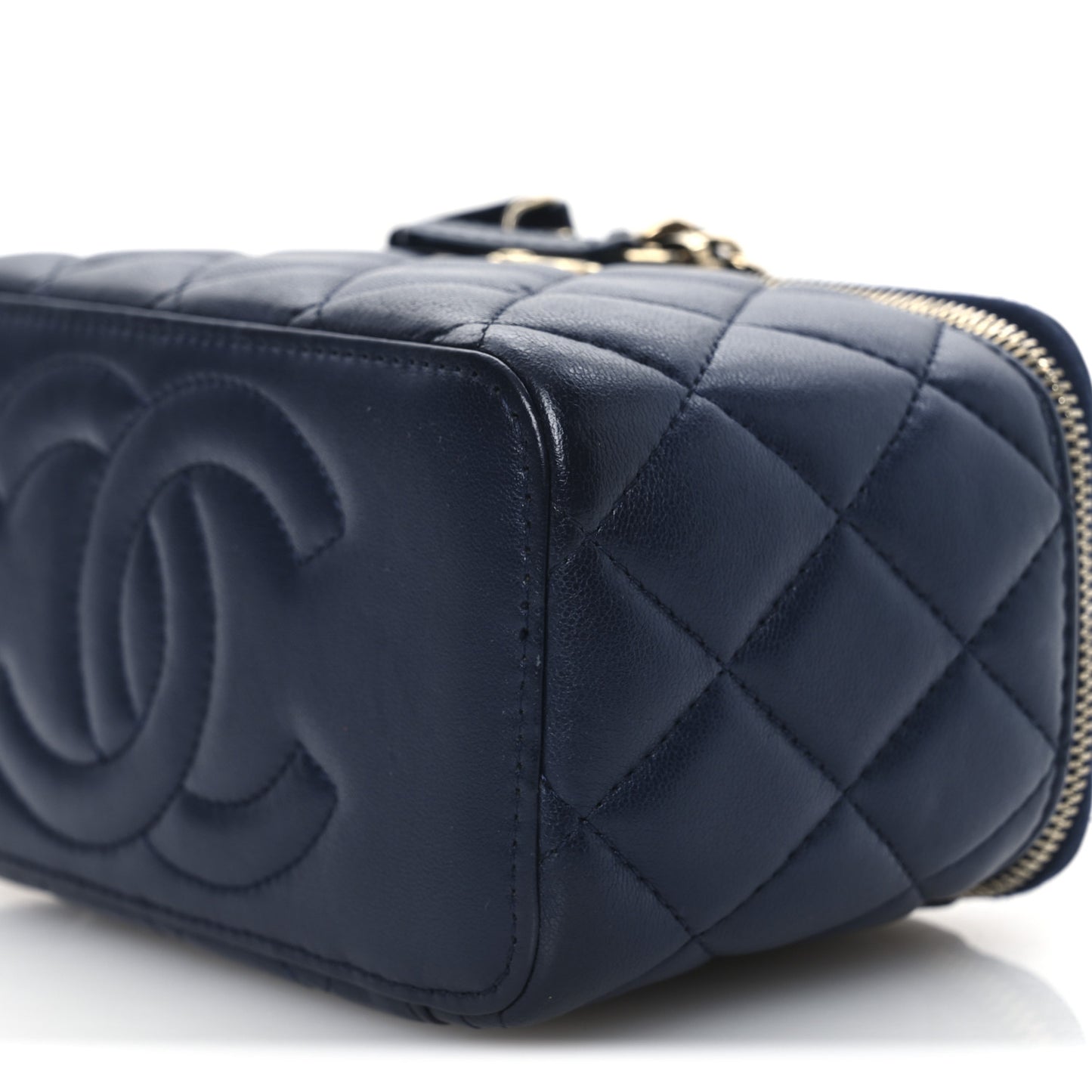 Lambskin Quilted Small Charming Top Handle Vanity Case With Chain Navy Blue
