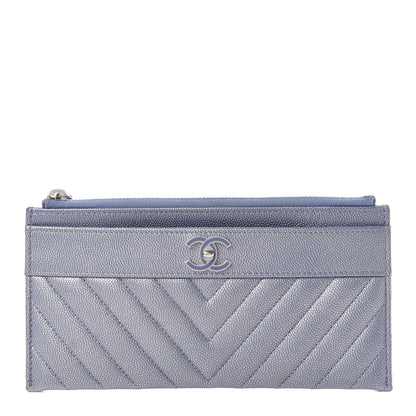 Chanel Metallic Caviar Chevron Quilted Mademoiselle Vintage Zip Pouch Blue 1 of 8