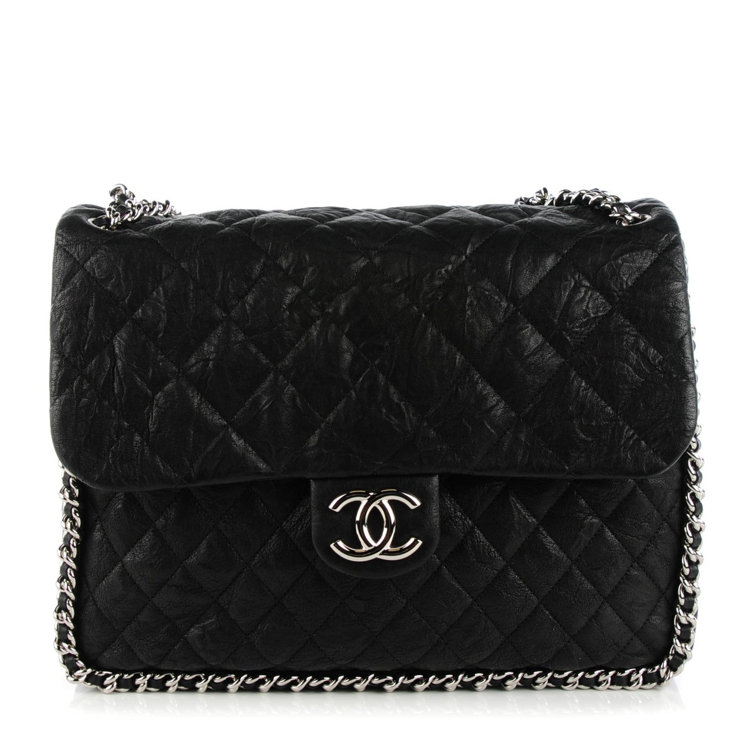 Crumpled Lambskin Maxi Chain Around Flap Black