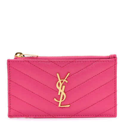 Saint Laurent Grain De Poudre Matelasse Chevron Monogram Fragments Zippered Card Case Fresh Fuxia 1 of 8