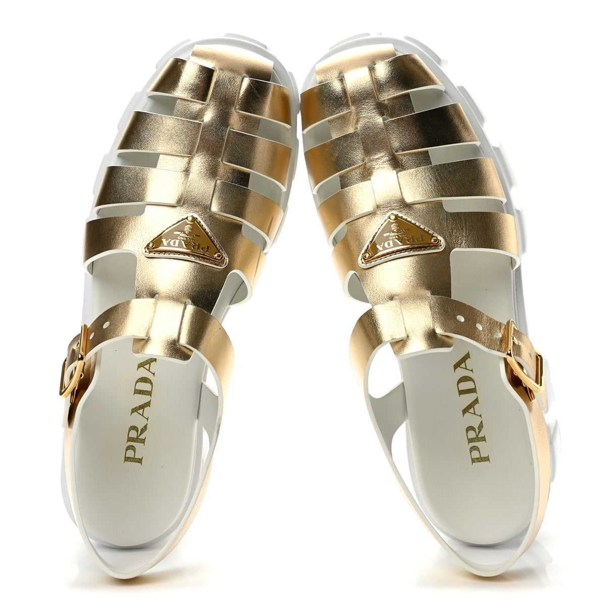 Prada Metallic Vitello Metal Triangle Logo Monolith 55mm Cage Sandals 40 Platino 2 of 11