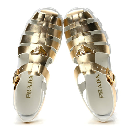 Prada Metallic Vitello Metal Triangle Logo Monolith 55mm Cage Sandals 40 Platino 2 of 11