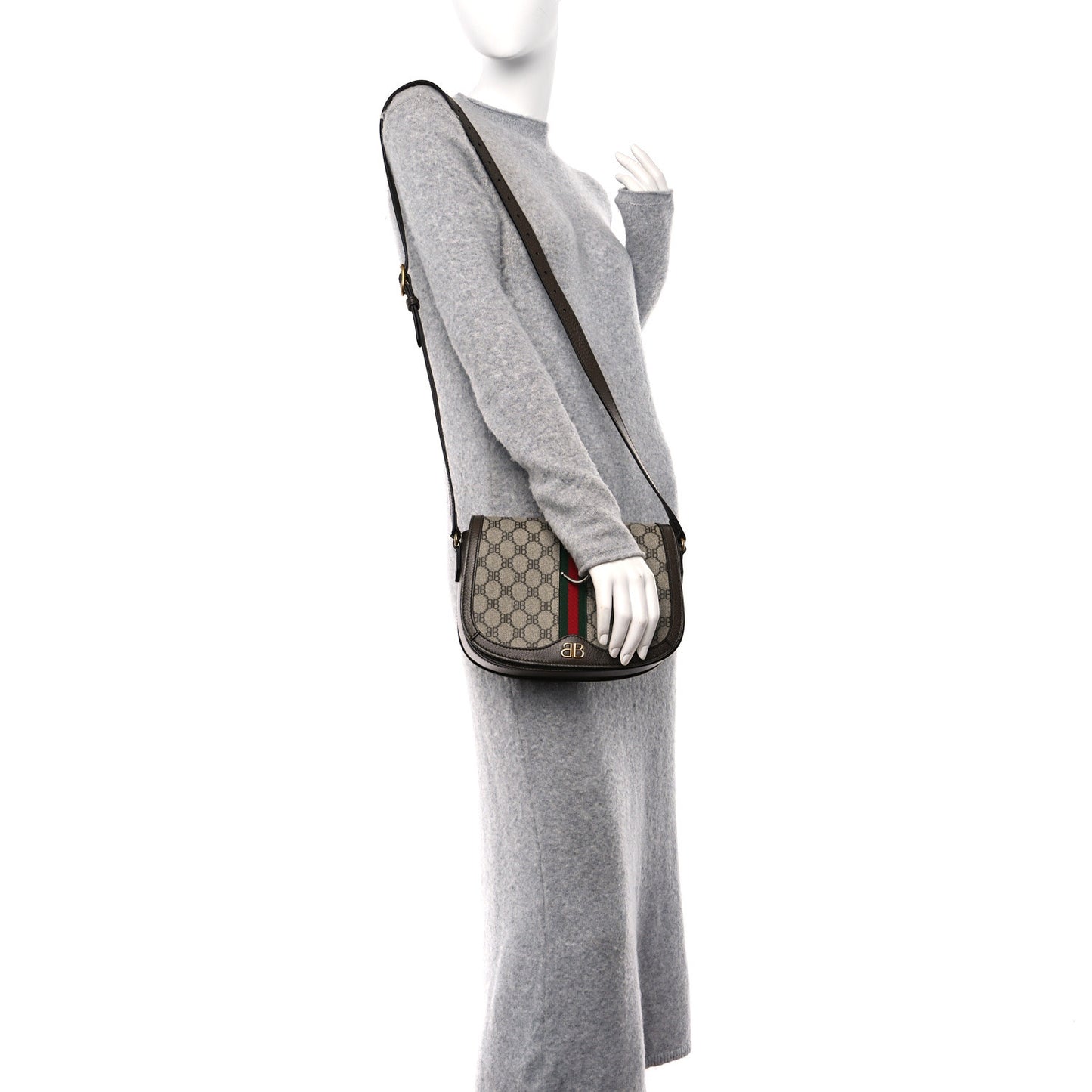 X BALENCIAGA BB Supreme Monogram Web Small Ophidia Shoulder Bag Beige New Acero