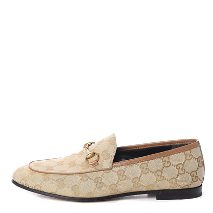 Gucci Canvas GG Monogram Horsebit Womens Jordaan Loafers 38 New Sand Friky Taupe 1 of 7
