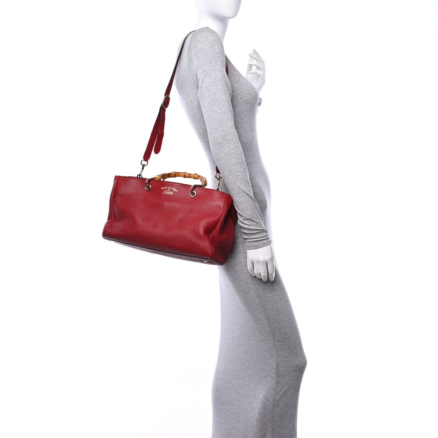 Gucci Pebbled Calfskin Medium Bamboo Shopper Tote Red 3 of 10