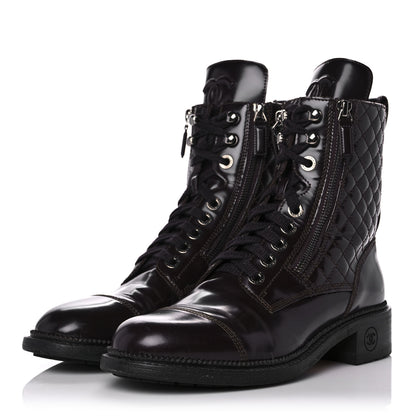 Chanel Shiny Calfskin Quilted CC Lace Up Combat Boots 39 Dark Burgundy 3 of 9