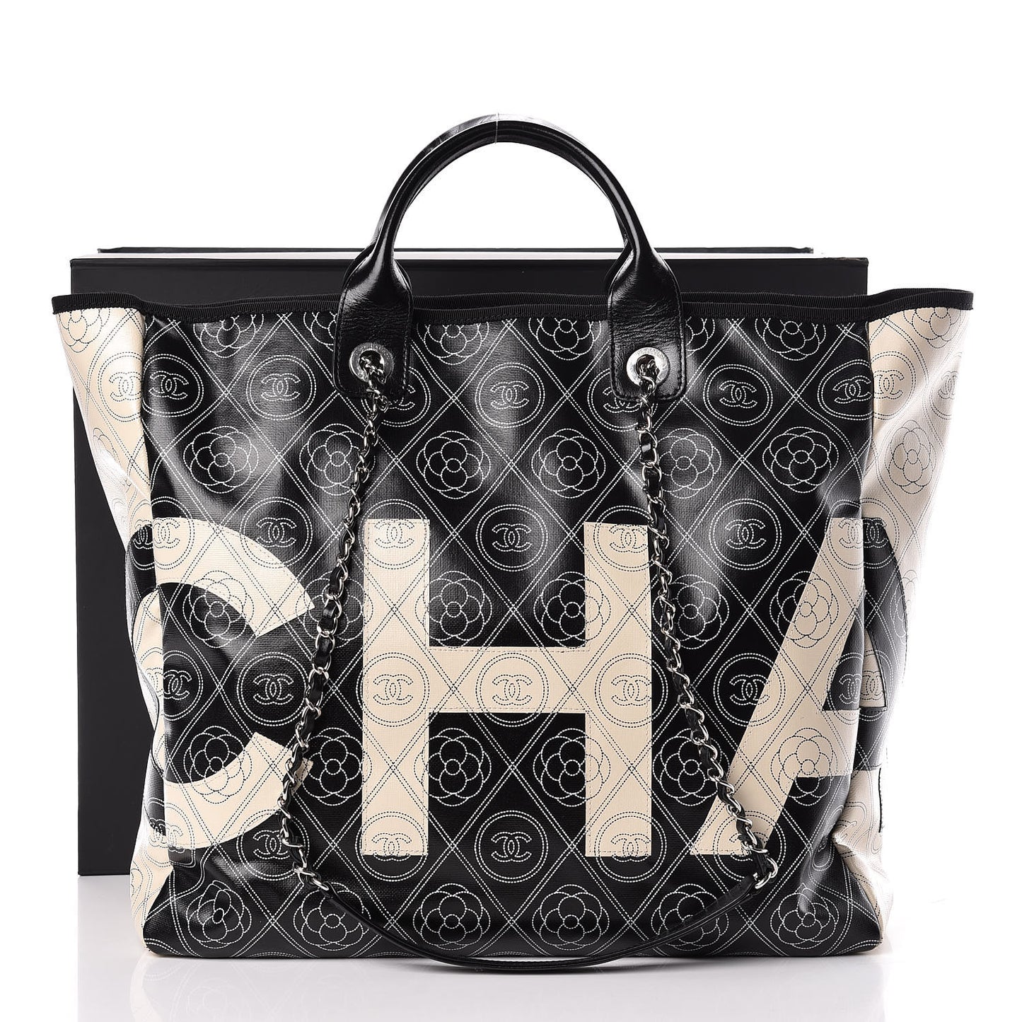 Coated Canvas Camellia Medium Shopping Tote Black Beige