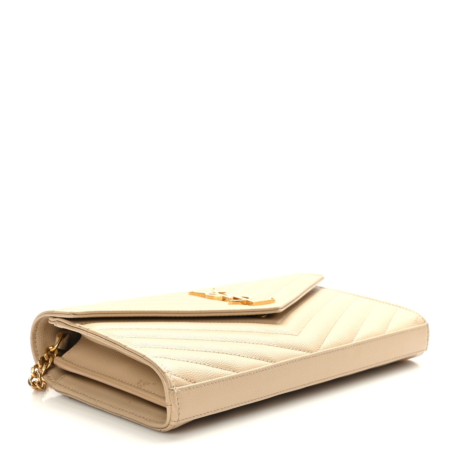 Saint Laurent Grain De Poudre Matelasse Chevron Monogram Chain Wallet Dark Beige 4 of 9