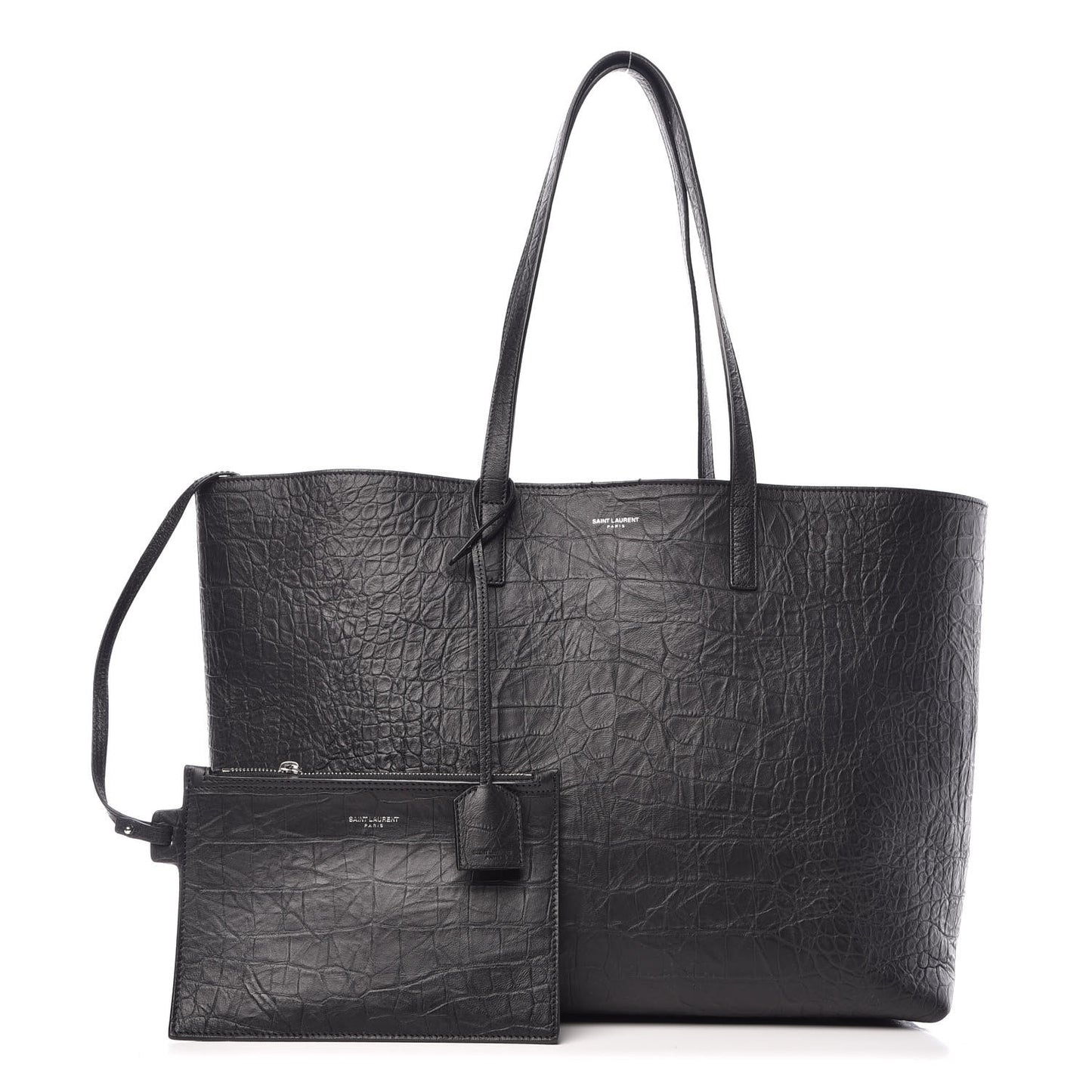 Calfskin Crocodile Embossed Large Shopper Tote Black