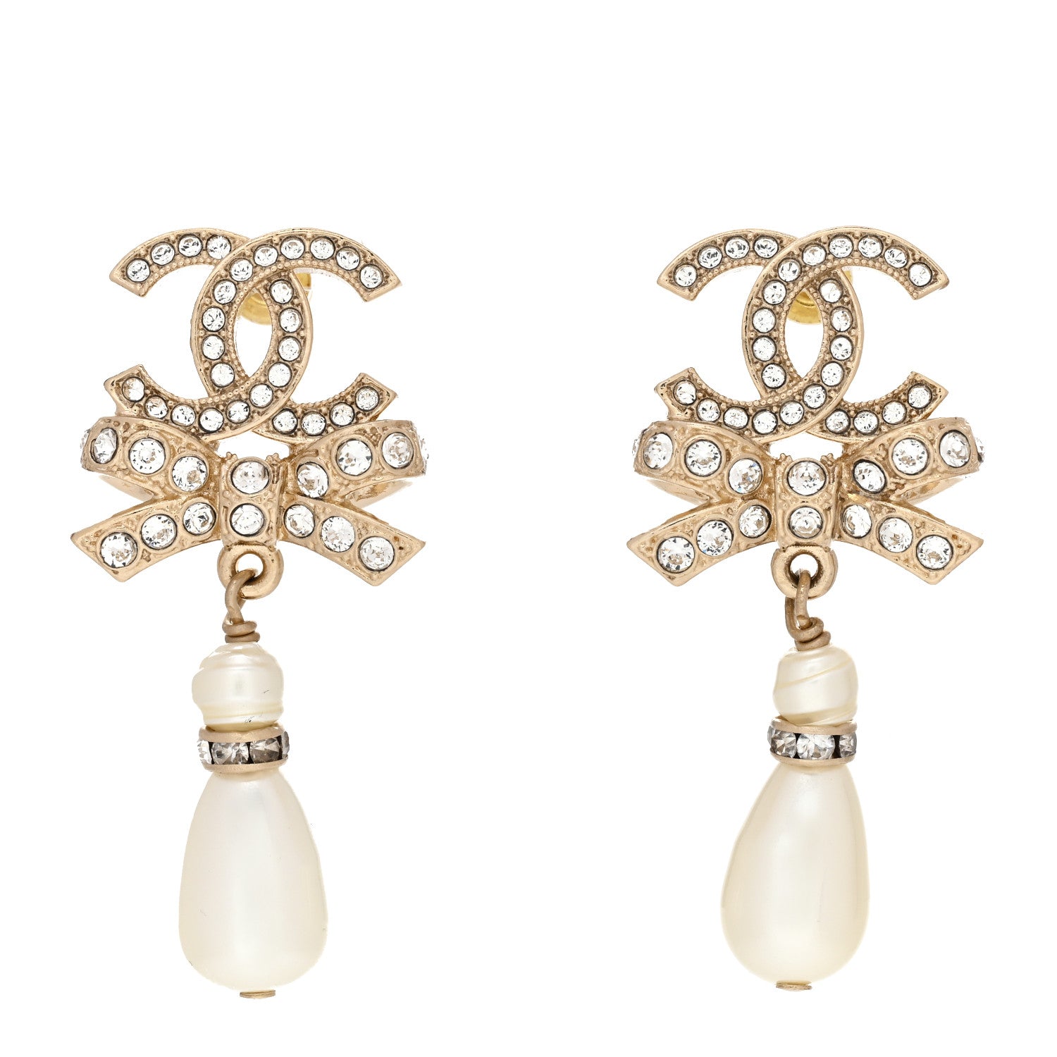 Chanel Crystal CC Bow Pearl Drop Earrings Gold Pearly White 1 of 5