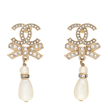 Chanel Crystal CC Bow Pearl Drop Earrings Gold Pearly White 1 of 5