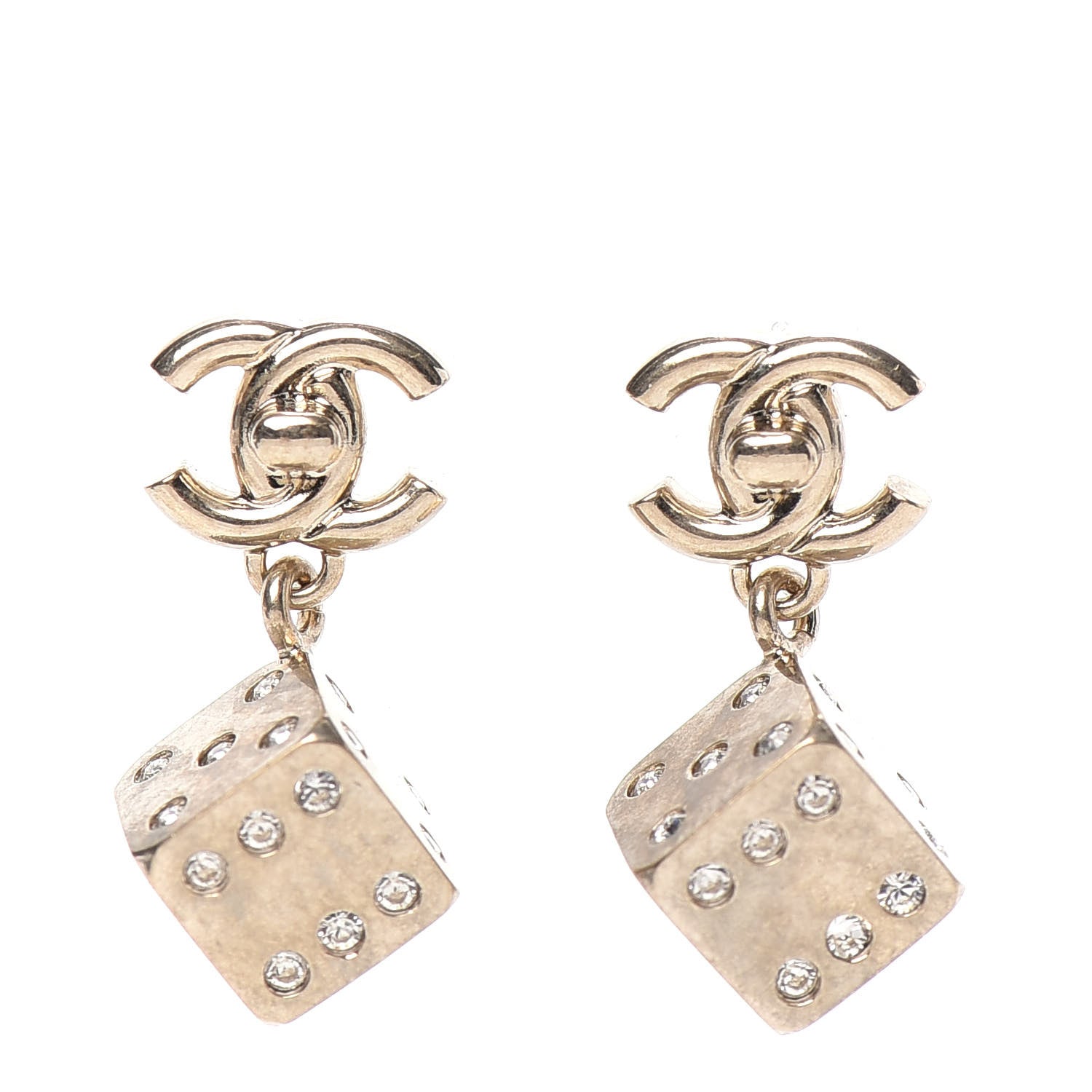 Chanel Crystal CC Turnlock Dice Drop Earrings Gold 1 of 5