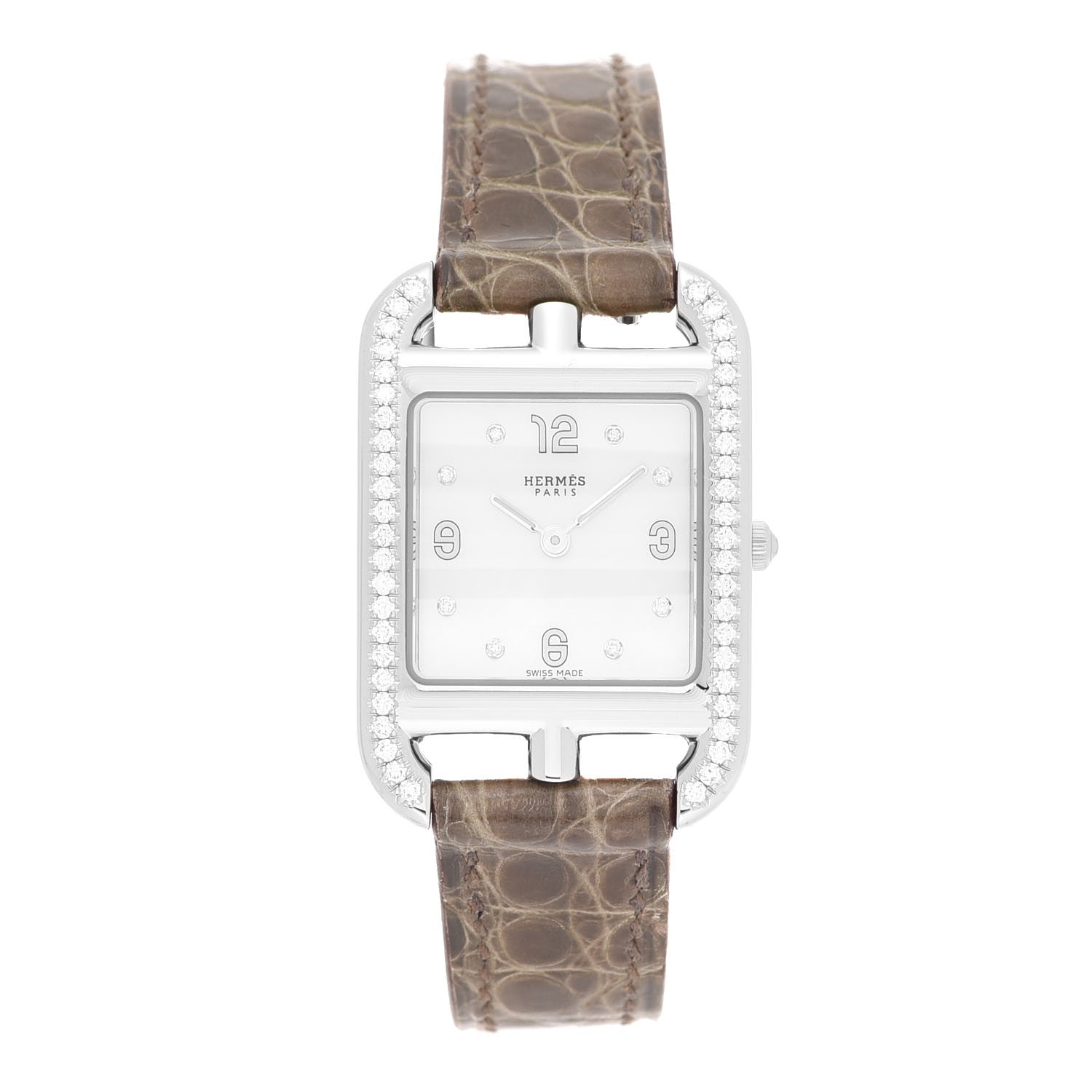 Hermes Stainless Steel Alligator Diamond Bezel Mother of Pearl 23mm Cape Cod Quartz Watch Gris Elephant 1 of 5