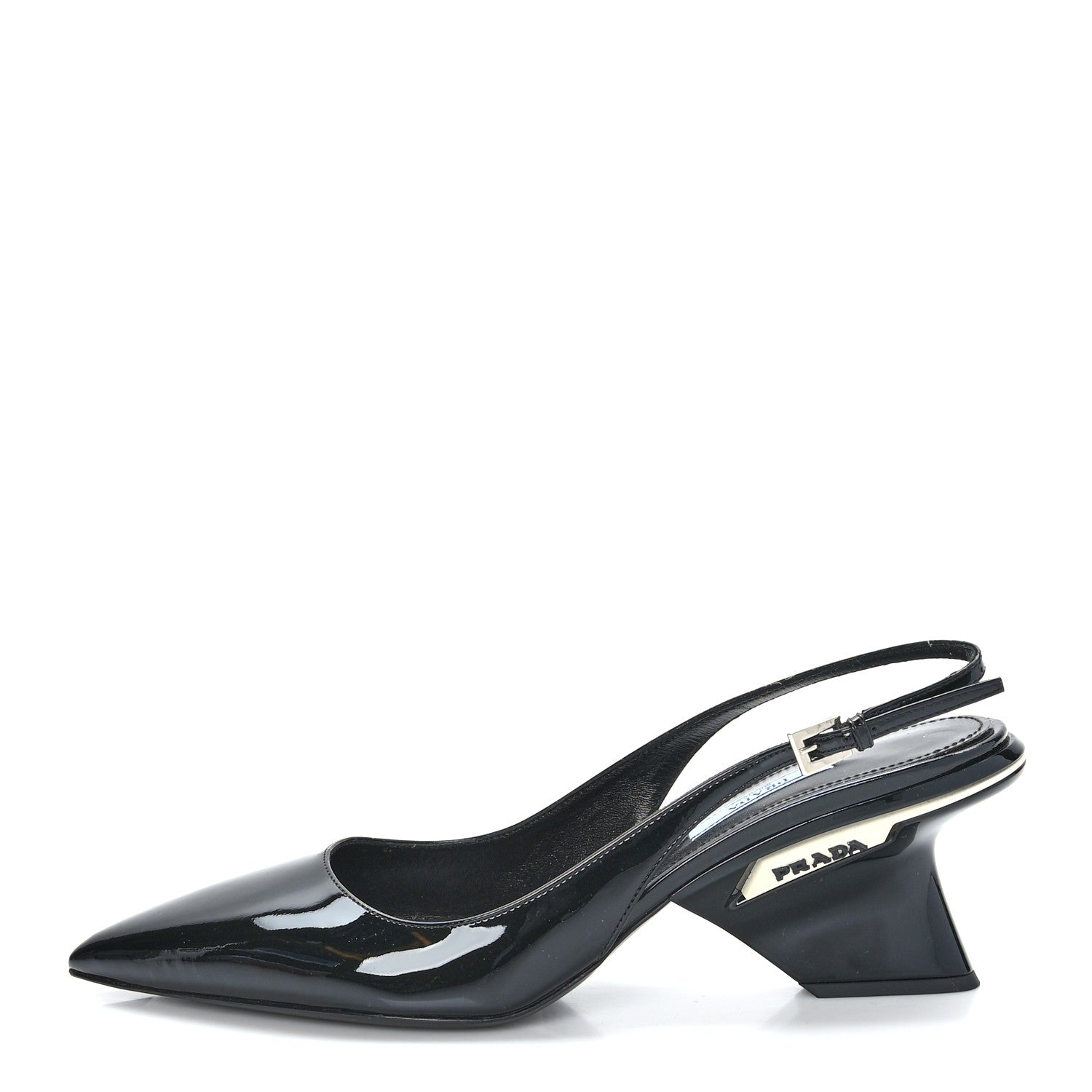 Prada Patent Calfskin Logo Pointed Toe Slingback Wedges 39.5 Black 1 of 7