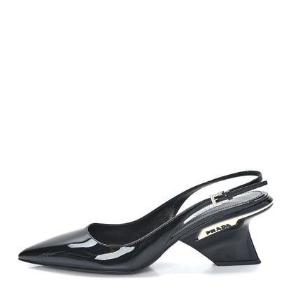 Prada Patent Calfskin Logo Pointed Toe Slingback Wedges 39.5 Black 1 of 7