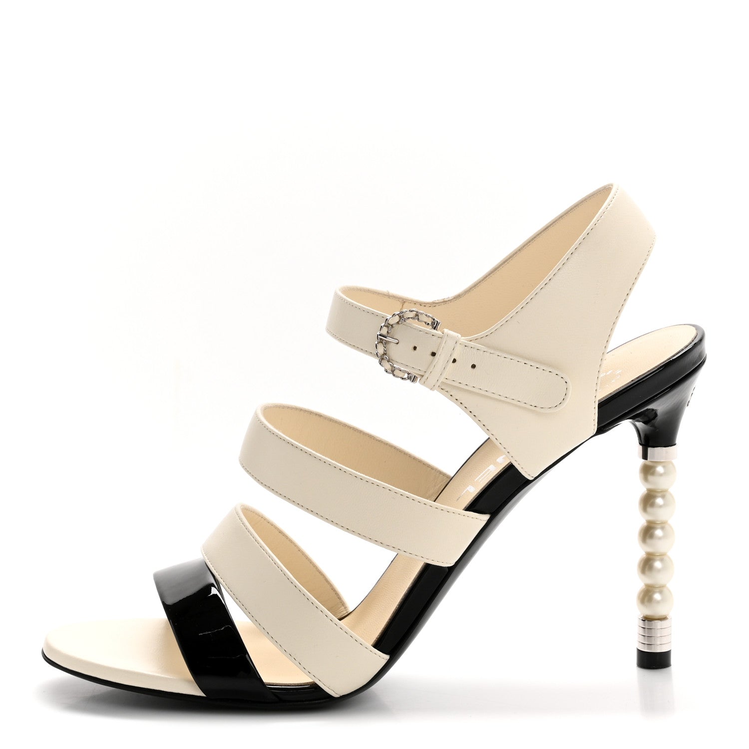 Chanel Lambskin Patent Pearl Sandals 37.5 Ivory Black 1 of 12
