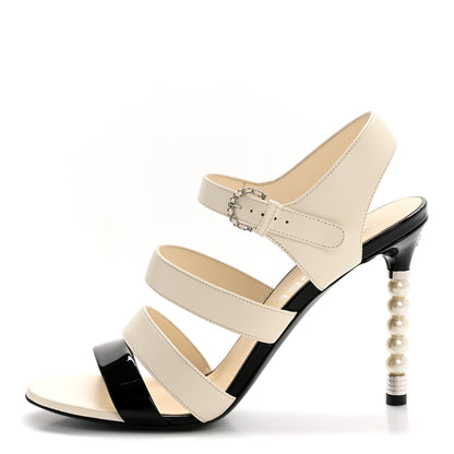 Chanel Lambskin Patent Pearl Sandals 37.5 Ivory Black 1 of 12