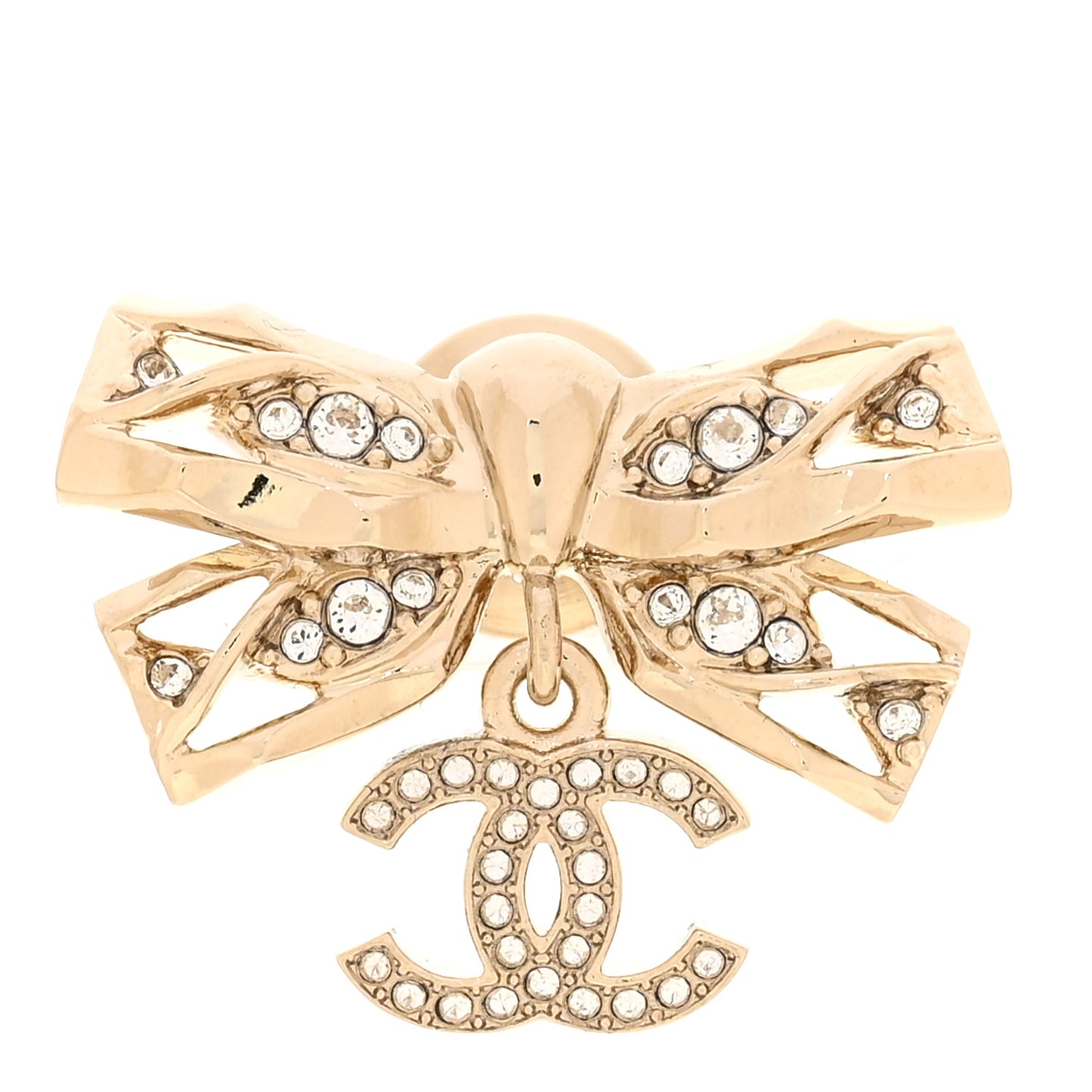Crystal CC Bow Drop Brooch Gold