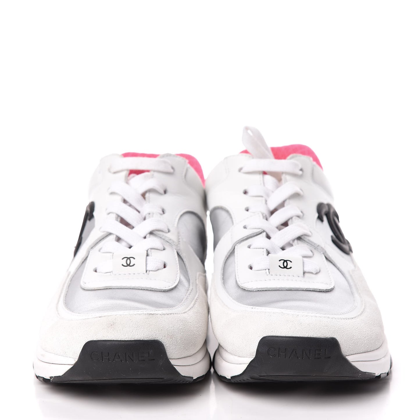 Suede Calfskin CC Sneakers 38.5 White Silver Fluo Pink